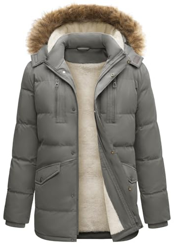 TOMEEK Mens Coat Long Parka Padded Fleece Zip Up Coats Outdoor Windproof Coats Hooded Double Layer Warm Winter Quilted Jacket(Grey,XXL)