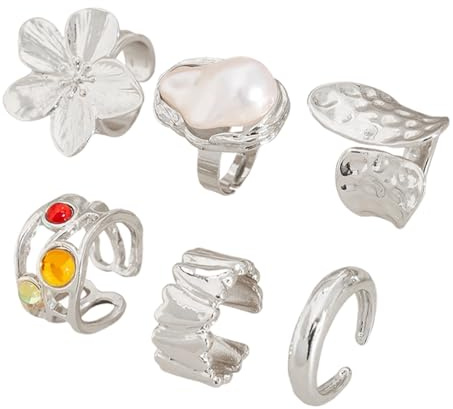 6 Piece Set Retro Metal Flower & Crystal Rings, Faux Pearl Embellishment, Cute Stackable Chunky Silver Rings for Women, Suitable for Women's Everyday Outfit, Celebrations, Parties