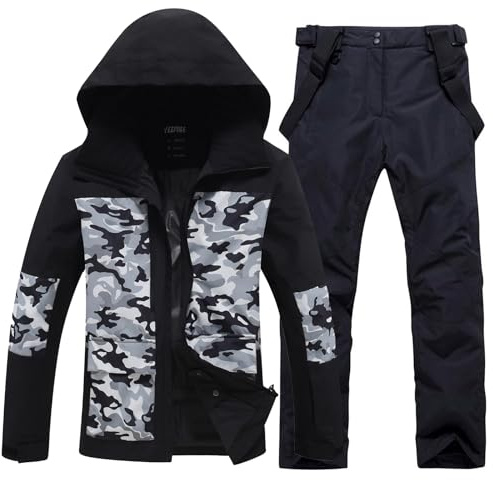 HOUZONIY Traje de nieve para hombre, chaqueta de esquí y pantalones de esquí, juego de dos piezas, ropa de esquí al aire libre, resistente al viento, traje de esquí con capucha para esquiar, snowboard