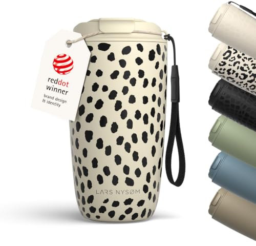 LARS NYSØM Thermo Kaffeebecher-to-go med bärrem & Tritan-lock | er Travel Mug med mönsterdesign 0,5 liter med isolering | Läcksäker rostfri termosmugg för kaffe & te (Beige/Abstract/Black, 500ml)