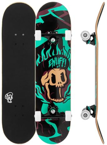 7,7 tum x 31,5 tum Enuff Pyro III – blå – komplett skateboard med 7 lager lönndäck och premiumkomponenter: Decade Pro lastbilar, 53 mm XX jubileumshjul, ABEC-9 lager, dödskalle ikon grepptejp