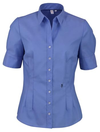 Sidenklistermärken damer blus – skjortblus – strykfri – slim fit – kortärmad – uni – 100% bomull, Mellanblå, 46