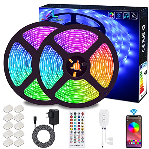 Ruban LED Bluetooth, ALED LIGHT Bande LED 2x5M(10M) 5050 RGB, Contrôlé par APP du Smartphone Android et IOS, avec Récepteur Bluetooth, Alimentation 12V, Télécommande IR, pour Décoration Chambre Noël