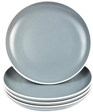 YöL Set of 4 Dinner Plates Tableware Round Dishes Solid Grey White Rim Stoneware