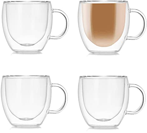 TUIHJA - 4 tazas de café de vidrio de doble pared con asa - Juego para espresso, latte, capuchino (150 ml)