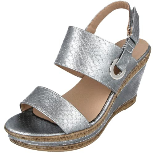 Cushion Walk Ladies Double Strap Touch Close Slingback Wedge Sandals (Silver, 5 UK, numeric_5)