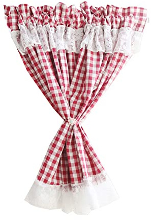 A.Monamour Tenda Corta per Finestra Piccola Opaco Quadretti Rossi Bianchi Di Cotone Con Pizzo Voile Bianco Tendina Tenda da Cucina Bistrot Caffè Mezza Tenda Mantovana Tenda a Vetro Tenda a Pannello
