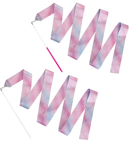 Abeillo 2 Stück Gymnastikband mit Stab, 200cm Gymnastikband Kinder Tanzen Streamer Rhythmische Sportgymnastik Band Tanzbänder für Künstlerische Tanztraining Baraufführung