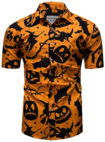 fohemr Mens Halloween Shirts Ugly Pumpkin Bat Print Short Sleeve Button Down Casual Hawaiian Shirt Witch Dress Orange X-Large
