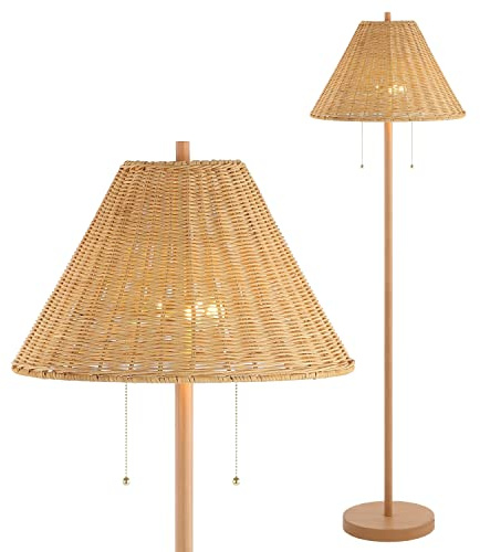 JONATHAN Y 61 Brown Wood Finish 2-Light Coastal Bohemian LED Floor Lamp for Living Room, Brown Rattan Shade, Mid-Century Modern Tall Standing Lamp, Pull-Chain, LED Bulbs Included JYL3092A