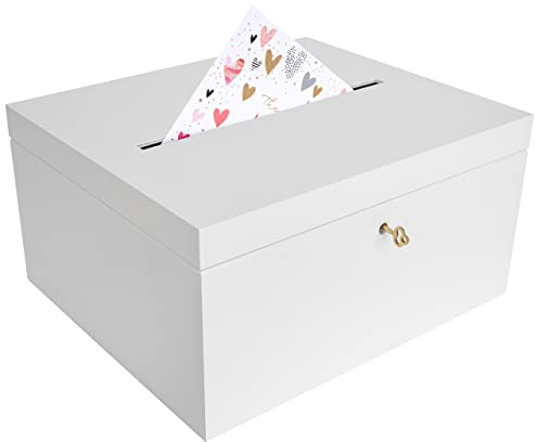 Creative Deco Weiße Holzkiste mit Deckel Kartenbox Hochzeit | 29x25x15 cm | Geldgeschenke Holzbox mit Schlitz, Schloss und Schlüssel Geschenkkarten Box Geldbox Briefbox Kasten | Lagerung Spendenbox