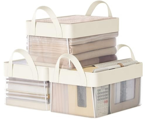 SONGMICS Storage Bins Set of 3, Small Fabric Storage Baskets, Foldable Organiser with Transparent Nylon Mesh, 30 x 20 x 15 cm, Handles, for Bathroom, Kitchen, Cream White RFB915W01