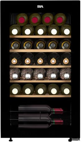 SIA HSWC90BL/G Freestanding Under Counter 90L Wine Cooler Fridge, 34 Bottle Capacity, Glass Door, Wooden Shelves, LED Light, Black, 2 Years Parts and Labour Guarantee