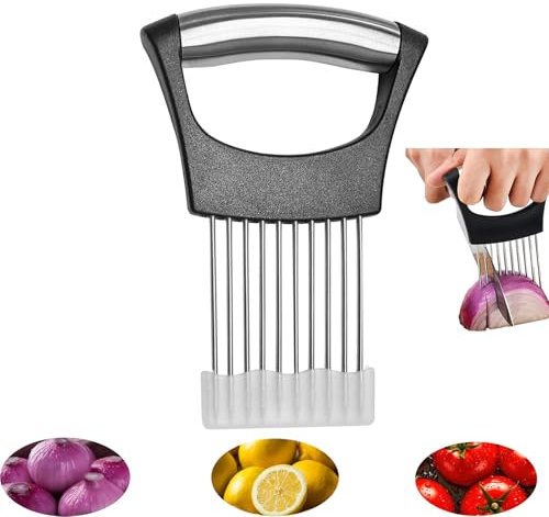 DJKKiTTQ Onion Slicer, Lemon Slicer, Stainless Steel Onion Cutter for Slicing Potatoes, Onions, Tomatoes, Eggs, Fruits, Vegetables and Meat, with Protective Cover (1)