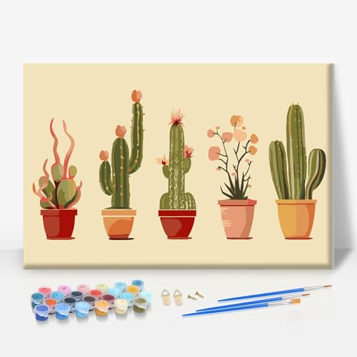 Paint by Numbers for Adults with Frame - Cactus Plants 8x12 Inch | Easy HD Colour Canvas with Frame, Acrylic Paint Set, DIY Wall Art, Stress Relief Hobby, Home Decor, Craft Gift for Beginners