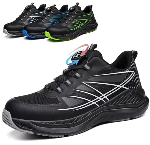 POYLONU Sicherheitsschuhe Herren Leicht Atmungsaktiv Arbeitsschuhe Drehverschluss Schnürsenkel Sportlich Stahlkappenschuhe Arbeits Sneaker Schwarz Größe 44