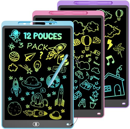 Tablette d'écriture LCD 12 Pouces [Lot de 3] - Ardoise Magique Enfant, Tablette Dessin Enfant avec Écran Sensible Pression & Couleurs Arc-en-Ciel - Cadeau Éducatif pour Fille Garçon