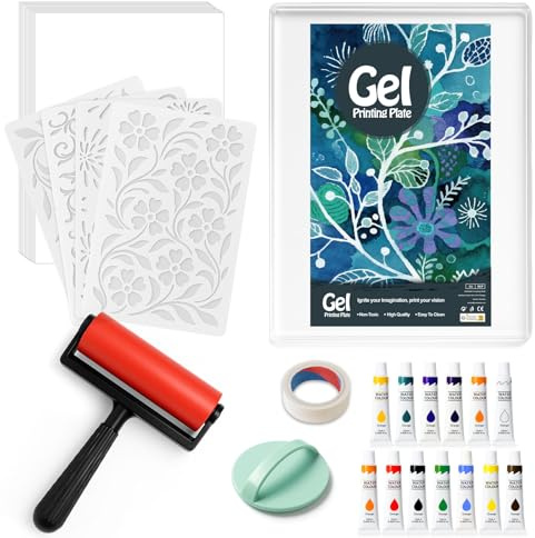 DINGSEN Gel Printing Plate Kit, Complete Printmaking Set with 5” X7” Gel Plate, Brayer, Watercolor Paints, A5 Printmaking Paper, and Essential Tools for Mixed Media Art, Monoprinting, Card Making