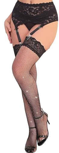 comeondear Womens Sexy Black Rhinestone Lace Top Thigh High Stockings