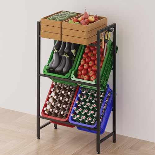 devesanter Estantería para 6 cajas de bebidas, capacidad de 225 kg, ahorra espacio, con 4 soportes de metal, 4 ganchos, para cerveza, frutas, verduras, para salón, cocina y sótano, color negro