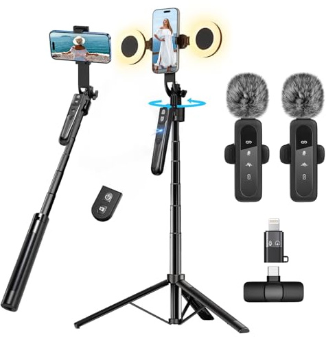 Creator di Contenuti per YouTube - Kit di Vlogging per iPhone/Android, Treppiede di Seguimento Facciale Automatico da 178 cm per iPhone con Luci e Microfoni Wireless, Kit di Avvio per TikTok/YouTube
