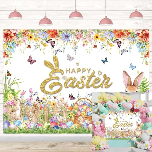 Happy Easter Sfondo per fotografia cartone animato coniglio colorato uovo primavera fiore sfondo foto banner per bambini decorazioni per feste di Pasqua oggetti di scena fotografici (2,3 x 1,8 m)