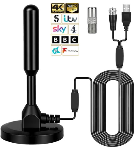 Adiwo Antenna Tv Interna Amplificata Potente, Antenna TV Digitale HD, 360° Segnale Ricezione con Base Magnetica, Cavo Coassiale 5M per Smart TV/Radio