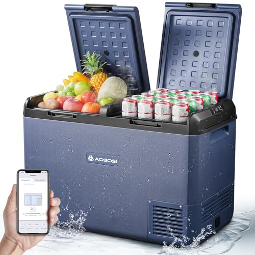 AAOBOSI Frigo da Campeggio 95L Doppia Zona con Controllo APP, 12/24V e 220V, IPX4 Impermeabile, Temperatura Regolabile da -20°C a 20°C per Auto, Camper, Camion, Barca e Casa