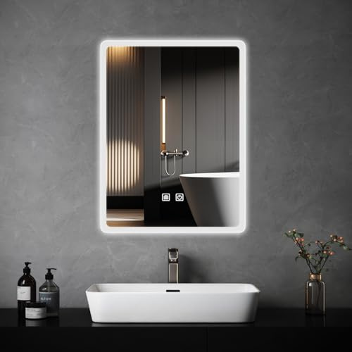 JAMUBOCHE Miroir de salle de bain avec lumières LED, 60 x 45 cm, miroir de salle de bain éclairé avec antibuée, 3 couleurs à intensité variable, rétroéclairage, montage mural, étanche, contrôle