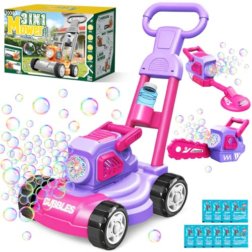 Cortacésped de Burbujas para Niños, Máquina de Burbujas 3 en 1 con 10 Packs de Solución, Juguete de Empuje para Exterior para Niños de 3 a 8 Años, Regalo de Cumpleaños, Pascua y Verano Purple