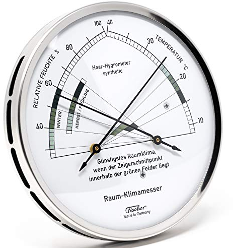 Fischer 1222-01 - Wohnklima-Hygrometer u. Raum-Thermometer - 130mm Edelstahl-Luftfeuchtigkeitsmesser Made in Germany