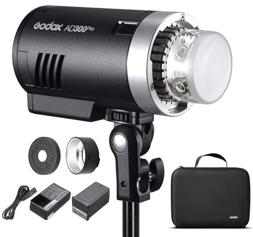 Godox AD300 Pro Flash de Extérieure Puissant, 300Ws 1/8000s 2,4G TTL Flash Portable sans Fil X système avec Lampe à Modeling Bicolor 3000K-6000K, 2600mAh Batterie Support 320 Flashs Full Power