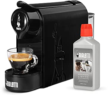 Bialetti Gioia, Macchina da Caffè Espresso per Capsule in Alluminio sistema Caffè d'Italia, Supercompatta, Nero + Decalcificante, Accessorio macchina del caffè