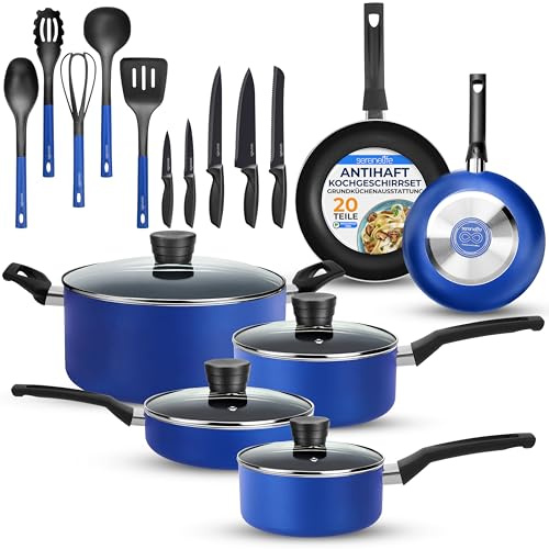 SereneLife Nonstick Pots and Pans Set 20-Piece – Aluminium Cookware Set with Glass Lids, Fry Pan, Saucepan & Cooking Pot, Stainless Steel Knife Set and Kitchen Utensils, Blue