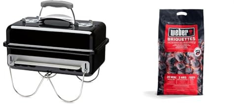 Weber 1131004 - Barbacoa Go-Anywhere Black Carbón + 17591 - Briquetas De Carbón Vegetal Para Barbacoa, 8 Kg, 1 Unidad