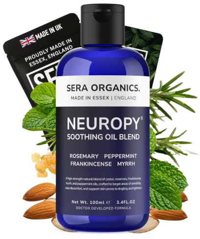 Neuropathy Soothing Oil for Feet, Hands & Legs – Natural Massage Oil 100ml | Warming massage oil for feet, hands & legs. Frankincense, myrrh, peppermint & rosemary. Doctor developed. Sera Organics.