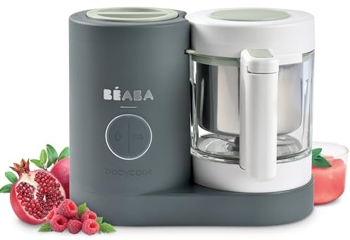 BÉABA Babycook Neo, Robot de cocina infantil, tritura, cocina y cuece al vapor, Rápido en 15 minutos, Recipiente de vidrio y cubeta de acero inoxidable, Para Bebés y Niños, Gris mineral