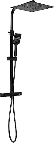 Système de douche de salle de bain avec thermostat, noir, pommeau de douche encastré, douche à effet pluie, douchette multifonction surdimensionnée