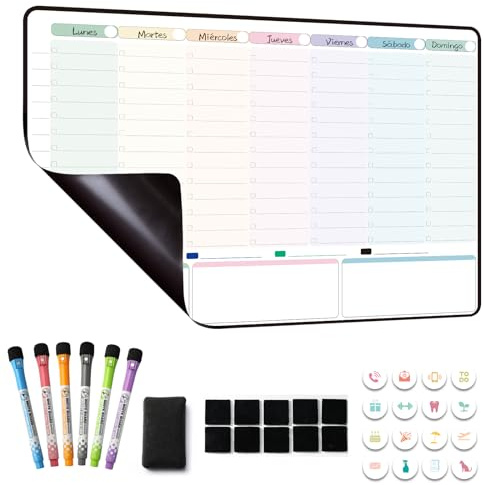 Planificador Semanal Magnetico,Pizarra Nevera Magnetica,Organizador Semanal,Calendario Semanal Planificador Magnetico Nevera 42×28cm - en español