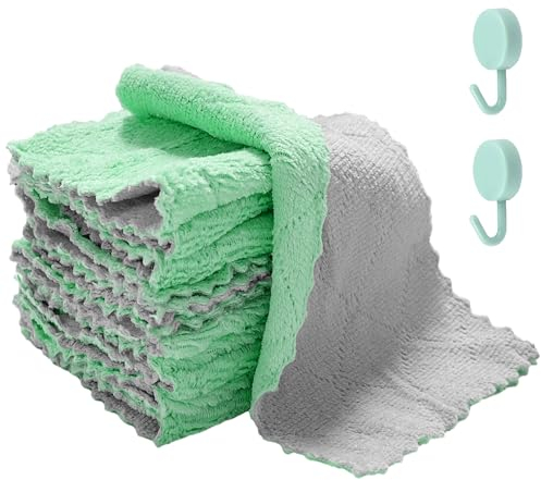 MAXQUU 12 Paños de Cocina de Terciopelo Coral Con 2 Ganchos, Estropajos de Microfibra de Dos Colores, Paños de Limpieza Multiusos de Doble Cara