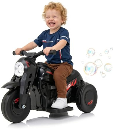 Kids Electric Motorbike, 6V Ride On Motorcycle with Automatic Bubble Function Headlight Music Foot Pedal, 3 Anti-Skip Wheels Vehicle for Boys Girls Ages 3+ (Black)