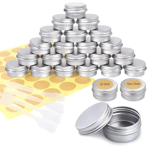 Redamancy Lot de 24 Pots en Aluminium, 5ml Pots de Contenants Cosmétiques Vides avec 4 Spatule et 70 autocollants ronds, pour baume à lèvres, lotion, crèmes, masques, mini bougies, cosmétiques