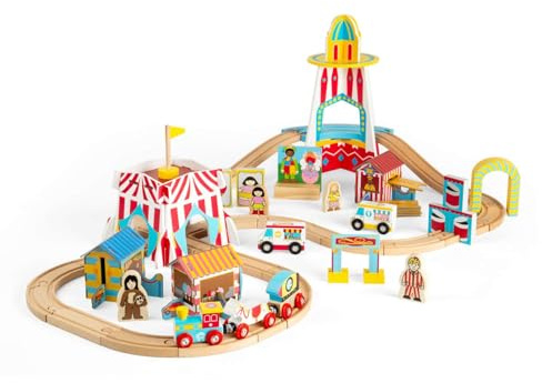 Bigjigs Rail Fun Fair Train Set | Trä Railway Set för barn | Träspår med Fairground & People Tillbehör | Montessori Learning Toys för 3+ år gamla barn | Pedagogiska gåvor för småbarn