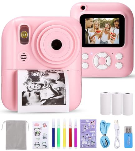Ixydor Appareil Photo instantané pour Enfants,1080P écran 2,4 Pouces Appareil Photo instantané pour Enfants,Caméra vidéo pour Enfants avec Papier d'impression & Carte 32GB (Rose)
