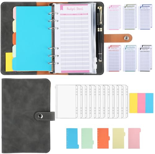 Budget Planner Binder A6 PU Leder Budgetordner Finanzplaner Binder mit Budgetblättern,Aufbewahrungstaschen,Trennseiten und Haftnotizen für Budgetplanung und Geldorganisation(Grau)