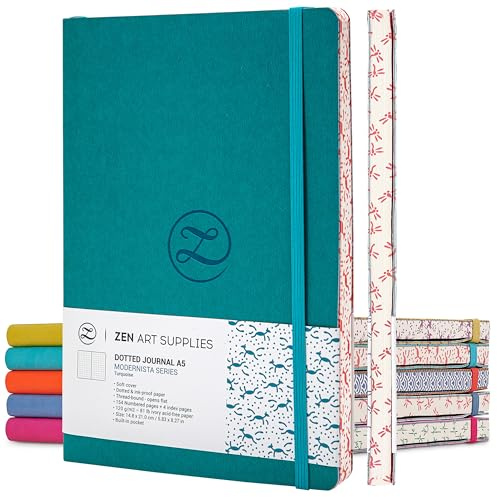 ZenART Supplies A5 Bullet Journal - Enjoy Bullet Journaling with a Soft Cover, Non-Bleed Thick 120gsm Paper with Japanese Edge Motif - Turquoise Faux Leather Lay Flat Dot Notebook