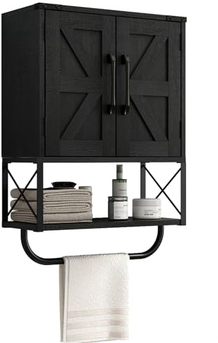 RUSTOWN Farmhouse Rustic Medicine Cabinet with Two Barn Door,Wood Wall Mounted Storage Cabinet with Adjustable Shelf and Towel Bar, 3-Tier Cabinet for Bathroom, Living Room(Black)