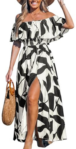CUPSHE Damen Sommerkleid Schulterfreies Kleid Gesmokte Taille Seitenschlitz Tropical Print Freizeitkleider Beach Off Shoulder Maxi Dress Schwarz Weiß M