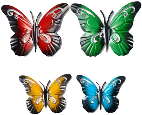 XcnPer Butterfly Garden, 4 Piece Metal Butterfly Wall Decor Set, Vibrant Outdoor Garden Ornaments for Fence and Patio, Includes 2 Large and 2 Small Butterfly Wall Art in Deep Green, Red, Blue, Yellow