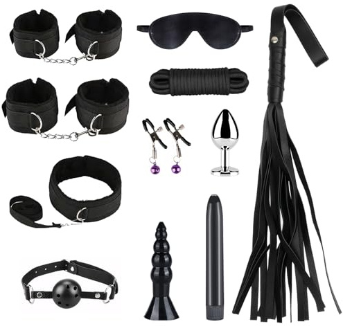 Kit Bondage BDSM 12 Pezzi Qoosea per Coppie – Set di Restrizione Regolabile con Manette, Cavigliere, Collare, Benda Occhi, Bavaglio & Accessori per Giochi Erotici – Sex Toys per Adulti